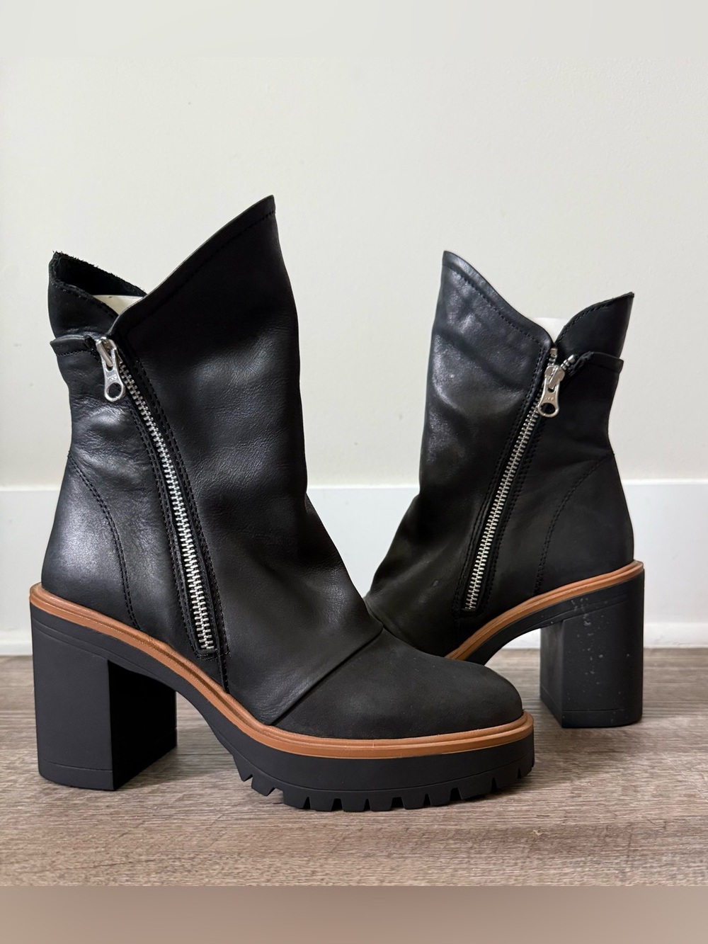Free People Black Leather Zip Platform Ankle Boots with Tan Trim